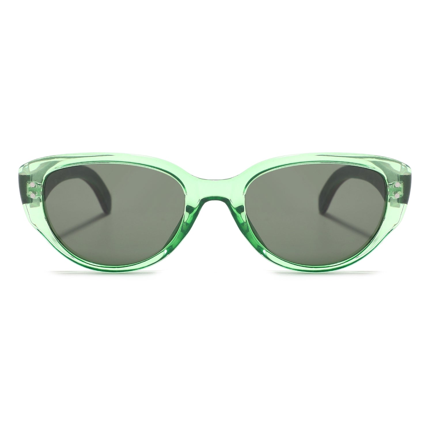 Cat-eye sunglasses with a translucent mint green frame and dark gray lenses, shown against a plain white background.