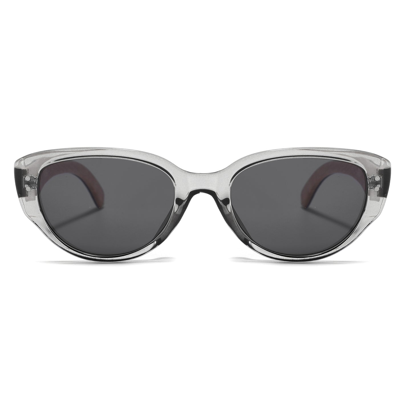 Grey eco friendly cat-eye sunglasses on a white background