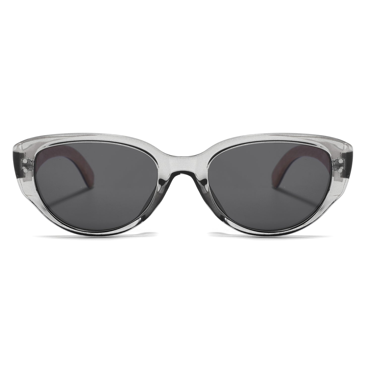 Grey eco friendly cat-eye sunglasses on a white background