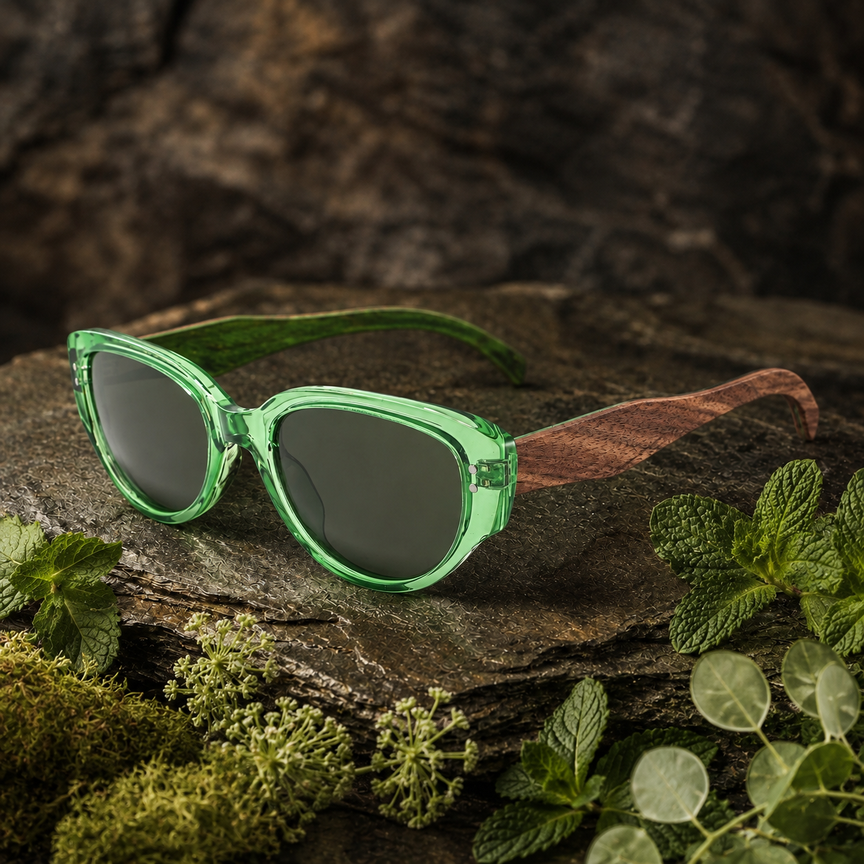 Green translucent cat-eye sunglasses with dark lenses and a brown wooden temple, styled on a dark rock with moss and mint leaves.
