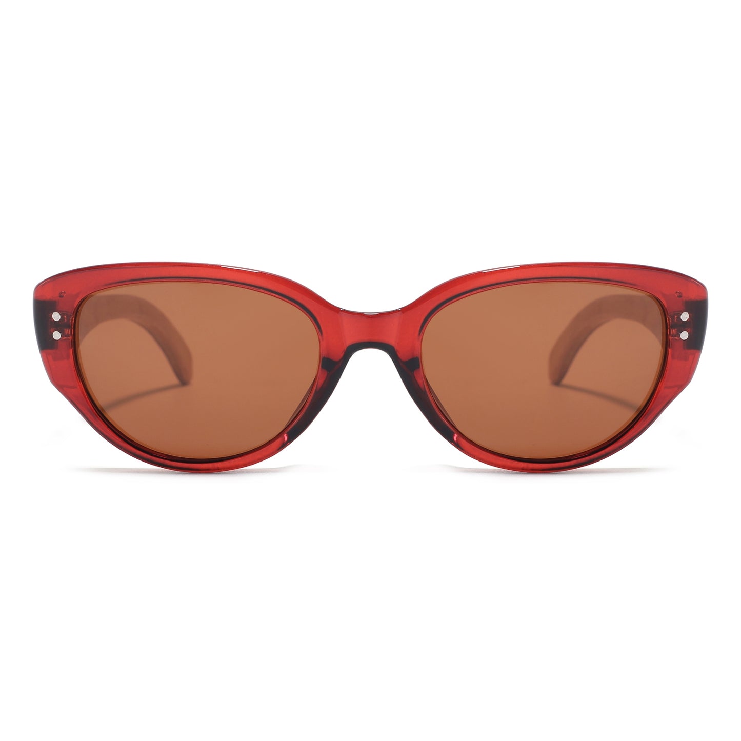 Cat-eye sunglasses with a translucent brown red acetate frame and warm brown lenses, shown from the front on a white background.