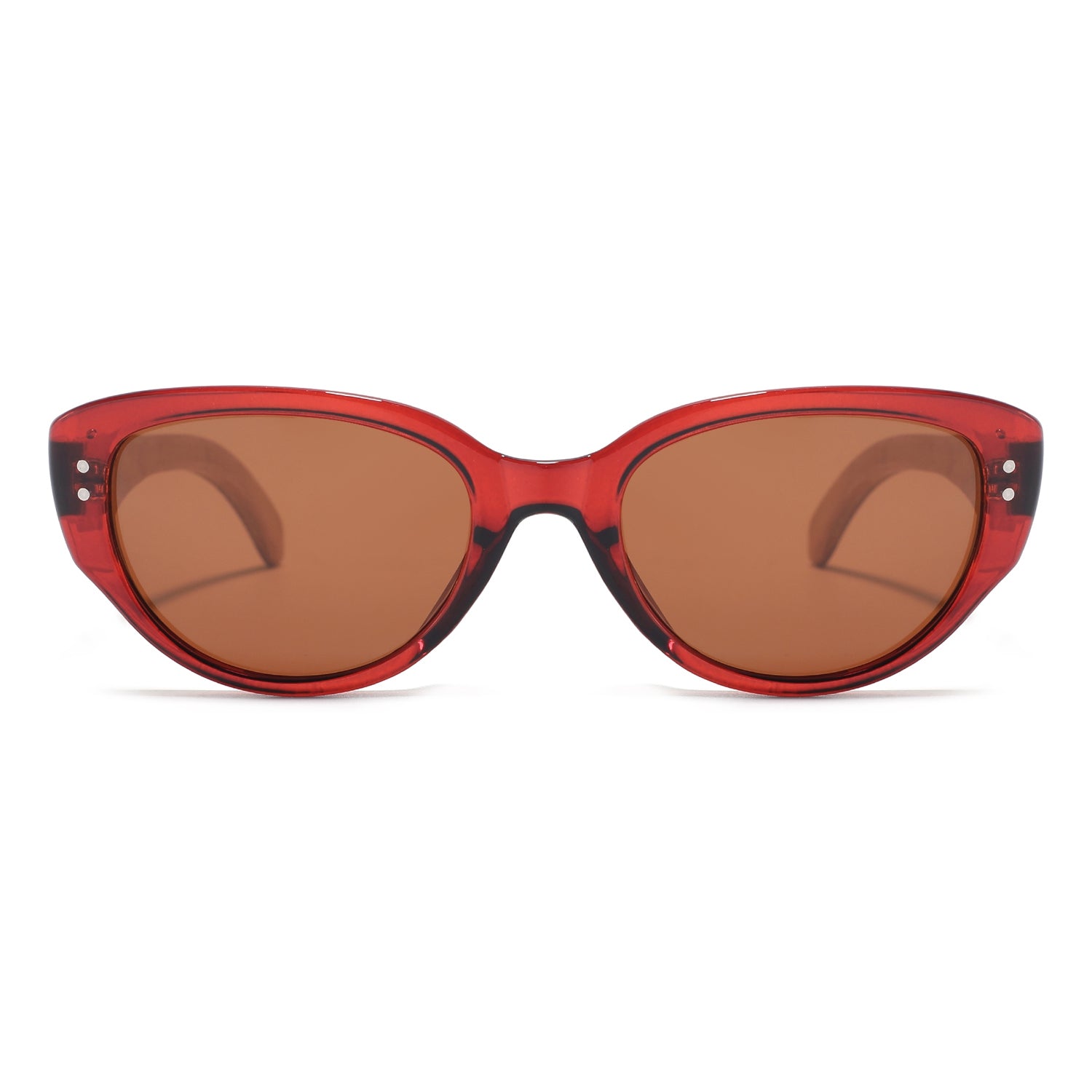 Cat-eye sunglasses with a translucent brown red acetate frame and warm brown lenses, shown from the front on a white background.