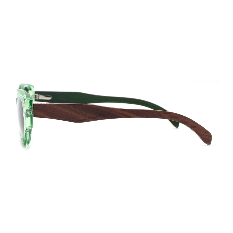 Side view of sunglasses with a translucent green acetate frame and a dark brown wood-look temple arm on a white background.