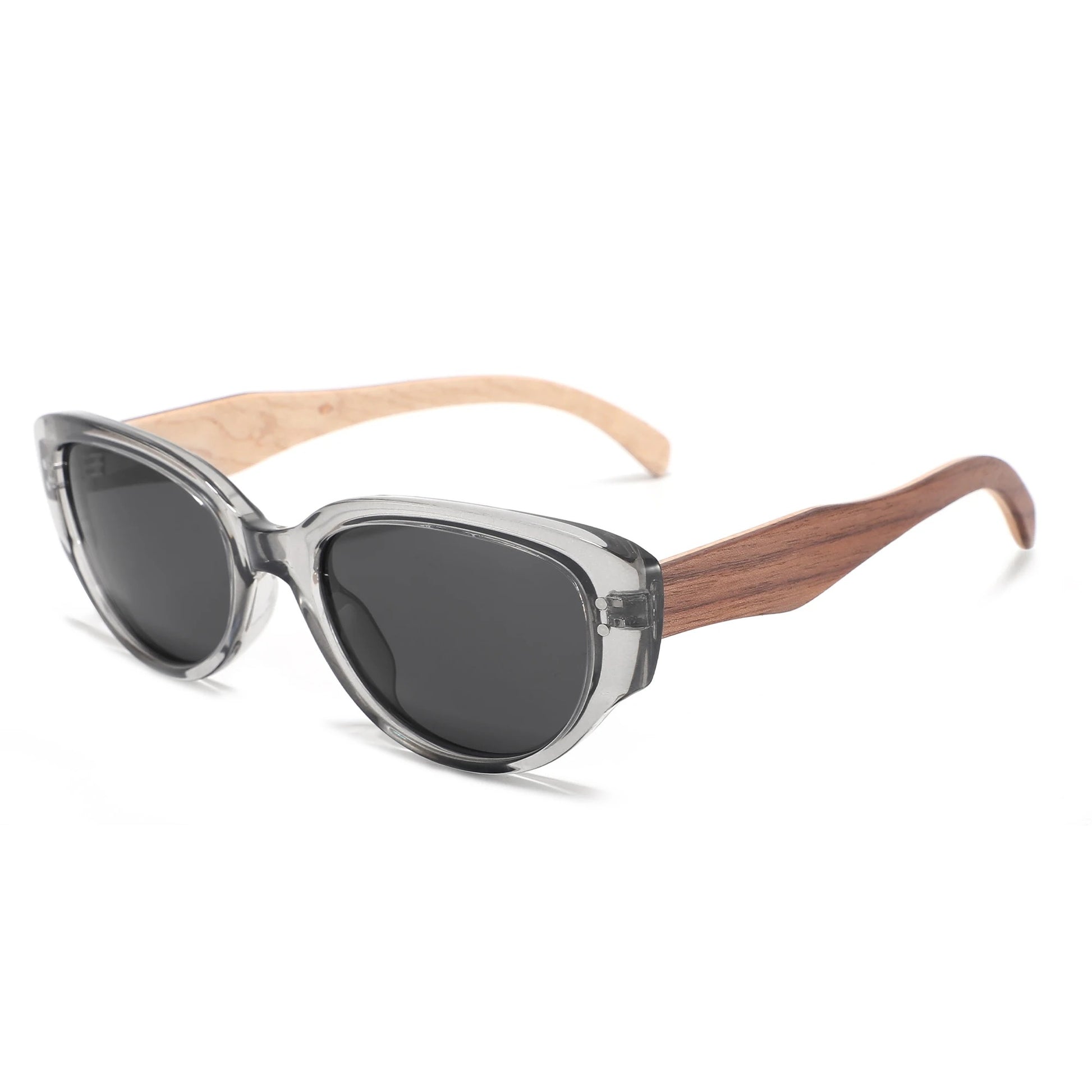 Cat-eye sunglasses with a translucent gray frame, dark gray lenses, and natural wood temples on a white background.