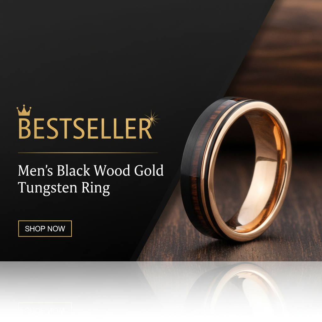 Promotional banner for Men's Black Wood Gold Tungsten Ring