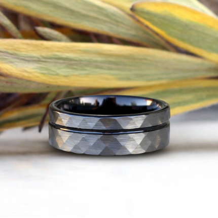silver tungsten hammer ring with black groove