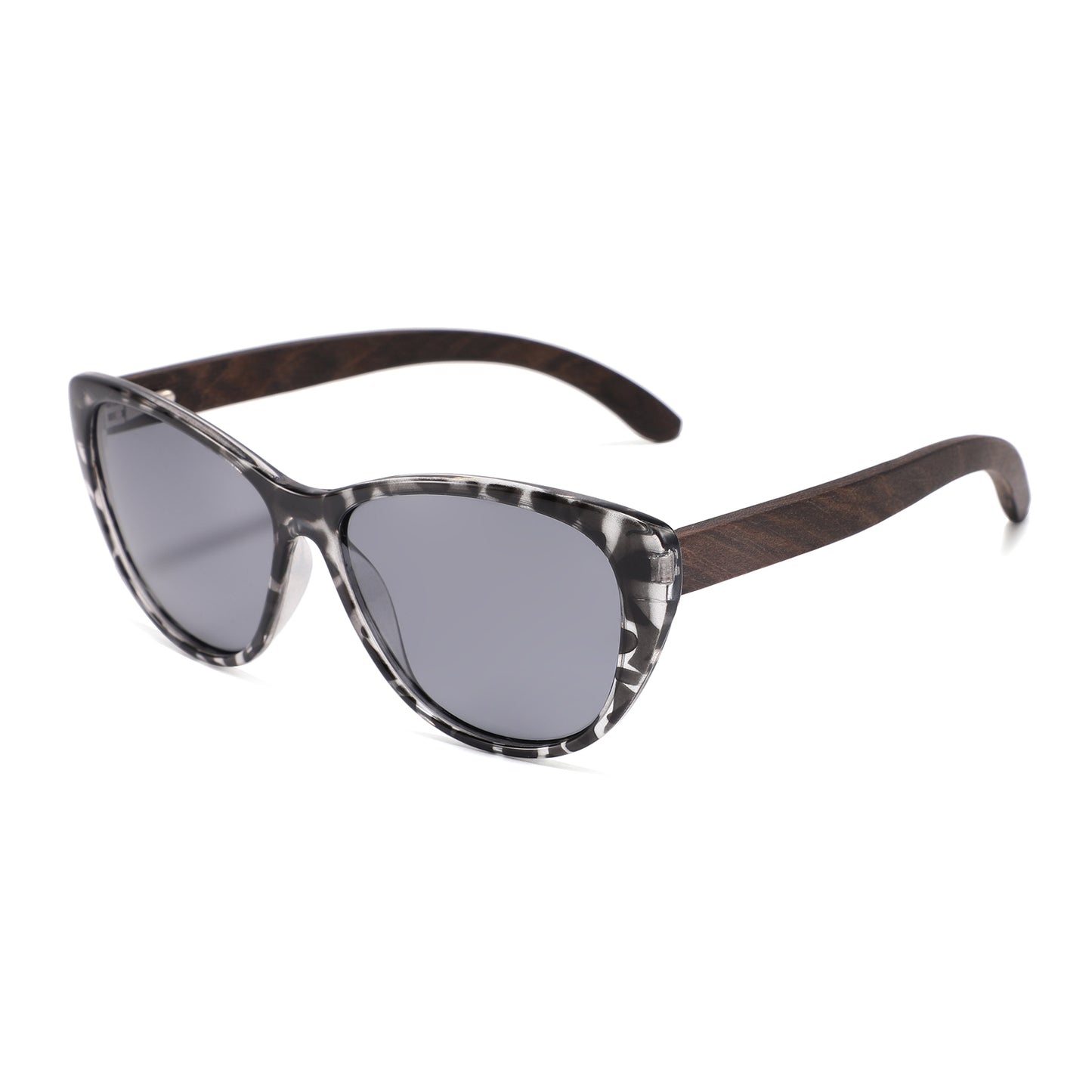 The new, oh-so-flattering Callies in oh-so-trendy black tortoise-shell frame with polarized grey lens and ebony wooden arms.