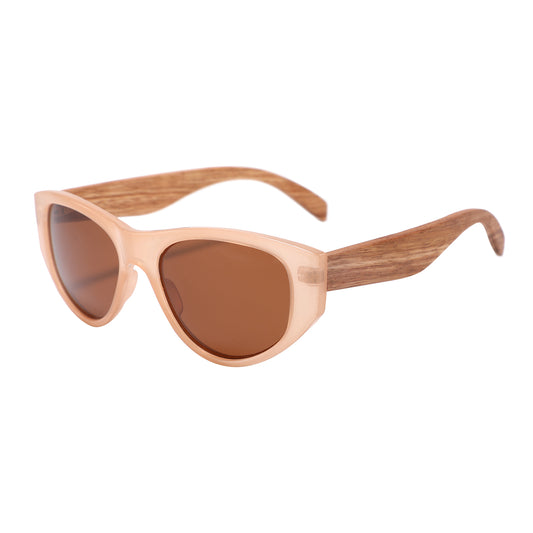 Ladies new style 2023 nude champagne sunglasses with wooden arms and polarised brown lens, the Stellas are super-model worthy.