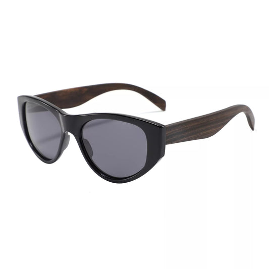 Ladies black sunglasses with grey polarized lens and ebony wooden arms by Hashtag Bamboo.