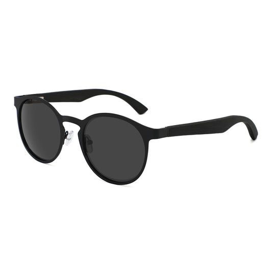 HUDSON BLACK Sunglasses Metal Frame Polarised Lens Wooden Arms