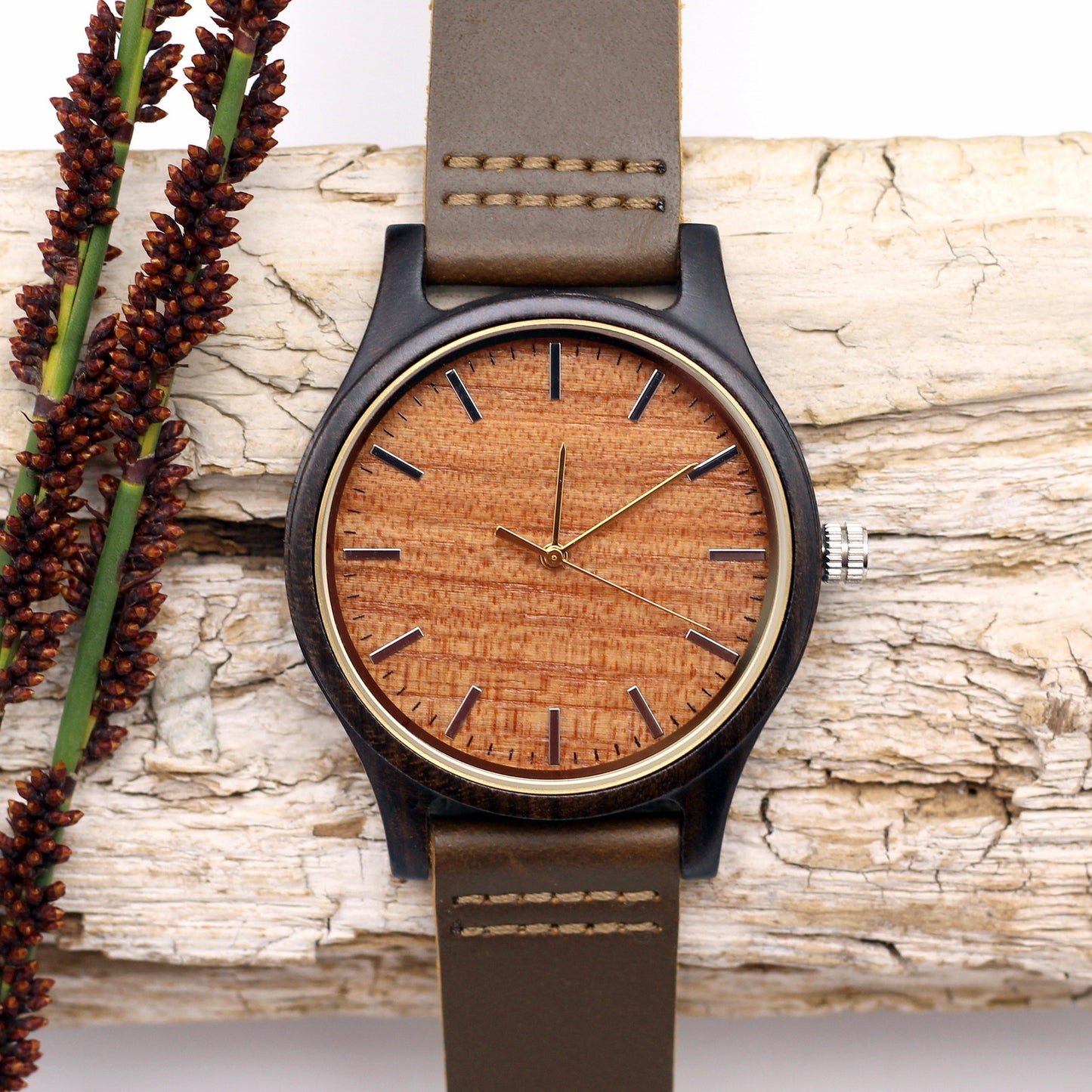 MANLY ADAM Wooden Watch Ebony with Brown Leather Strap - Hashtag Bamboo