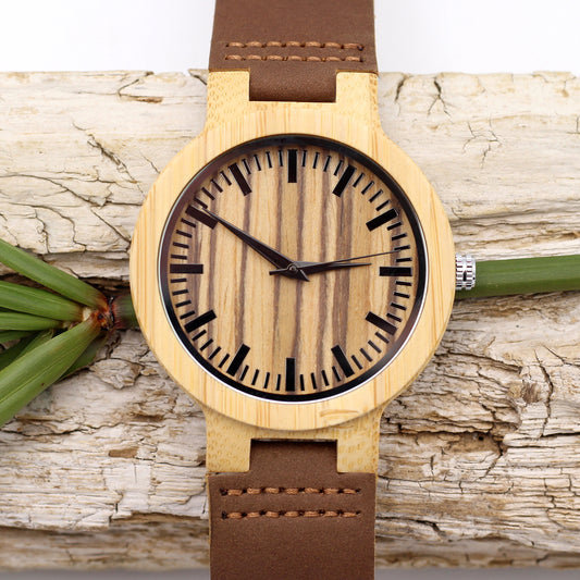 MANLY ARCHER Men's Bamboo Watch Brown Leather Strap