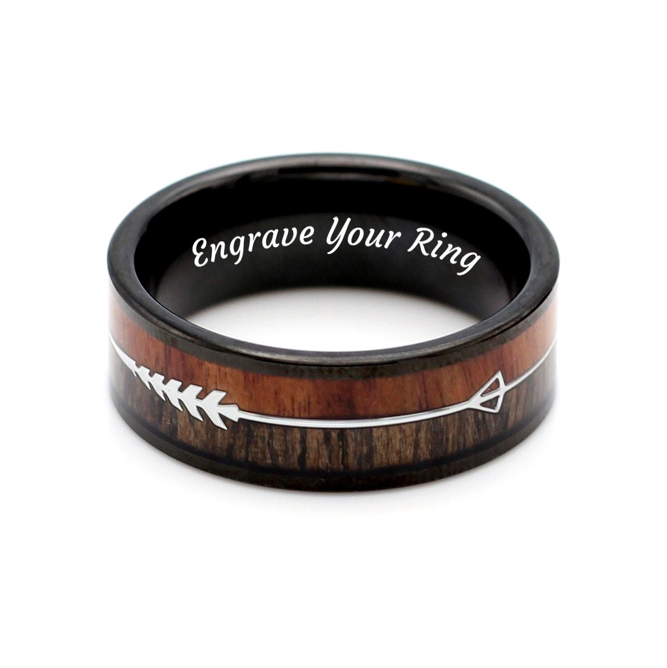 Men's Black Tungsten Ring Arrow Insert in Double Koa Wood Inlay 8mm