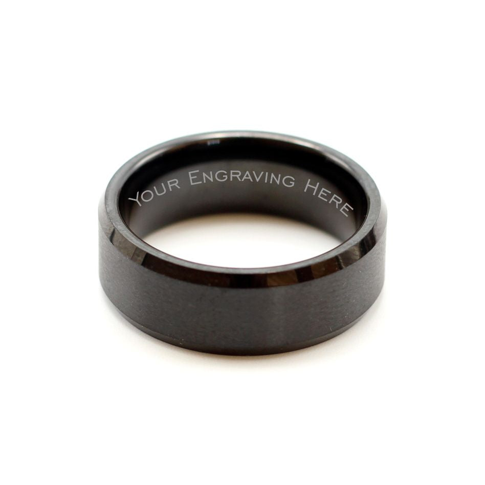Men's brushed black tungsten ring with bevelled edges, super slick, 8mm wedding band, rings for men. Hashtag Bamboo, delivery only R59 anywhere in SA. Engrave your ring for an additional R80.