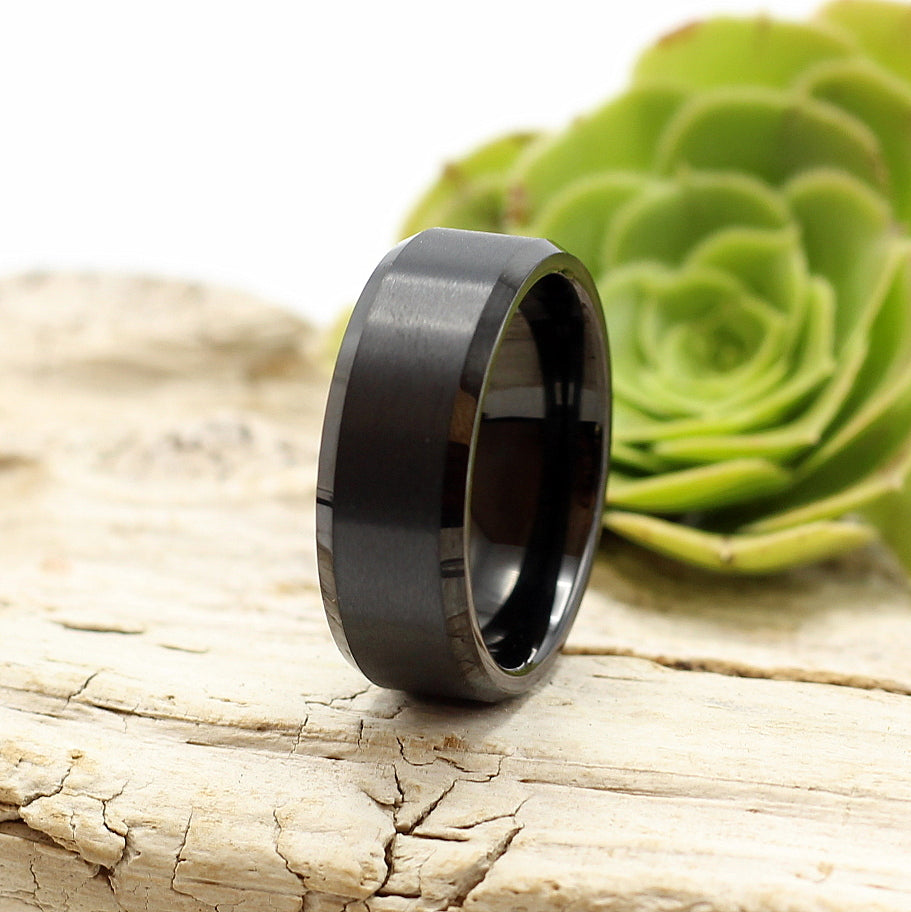 Men's brushed black tungsten ring with bevelled edges, super slick, 8mm wedding band, rings for men. Hashtag Bamboo, delivery only R59 anywhere in SA. Engrave your ring for an additional R80.