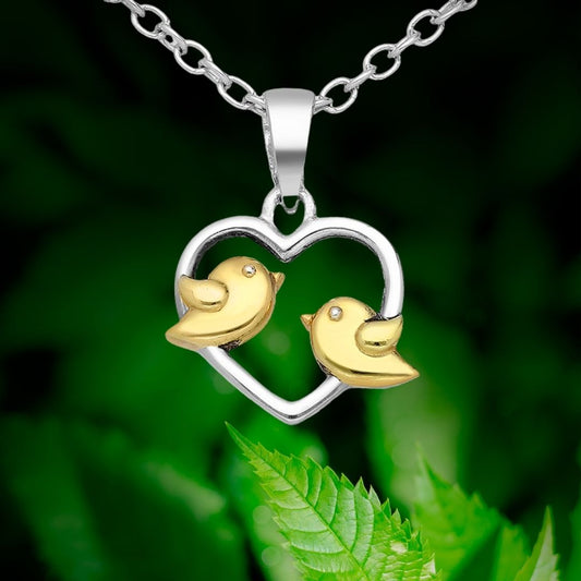 925 Sterling Silver Heart with 14k Plated Gold Birds Pendant