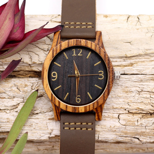 LADY CARA GOLD Wooden Watch with Leather Strap - Hashtag Bamboo