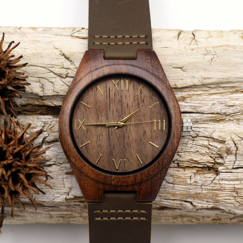 MANLY COCOA Wooden Watch with Brown Leather Strap - Hashtag Bamboo