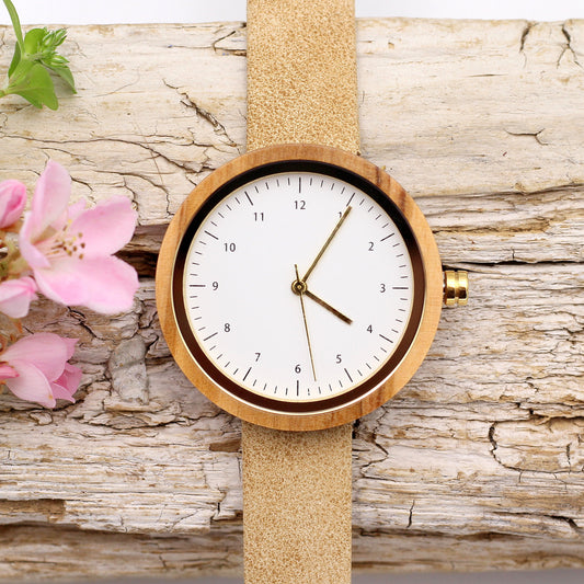 CUTIE BEIGE KANSO Round Wooden Watch Olive Wood - Hashtag Bamboo
