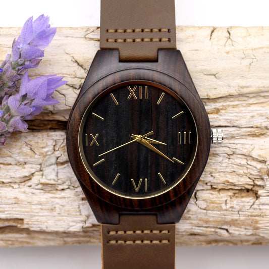 DELUXE Men's Ebony Wood Watch with Leather Strap