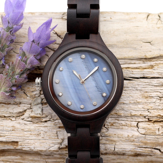 PEARL EBONY BLUE Ladies Wood Watch with Wooden Strap