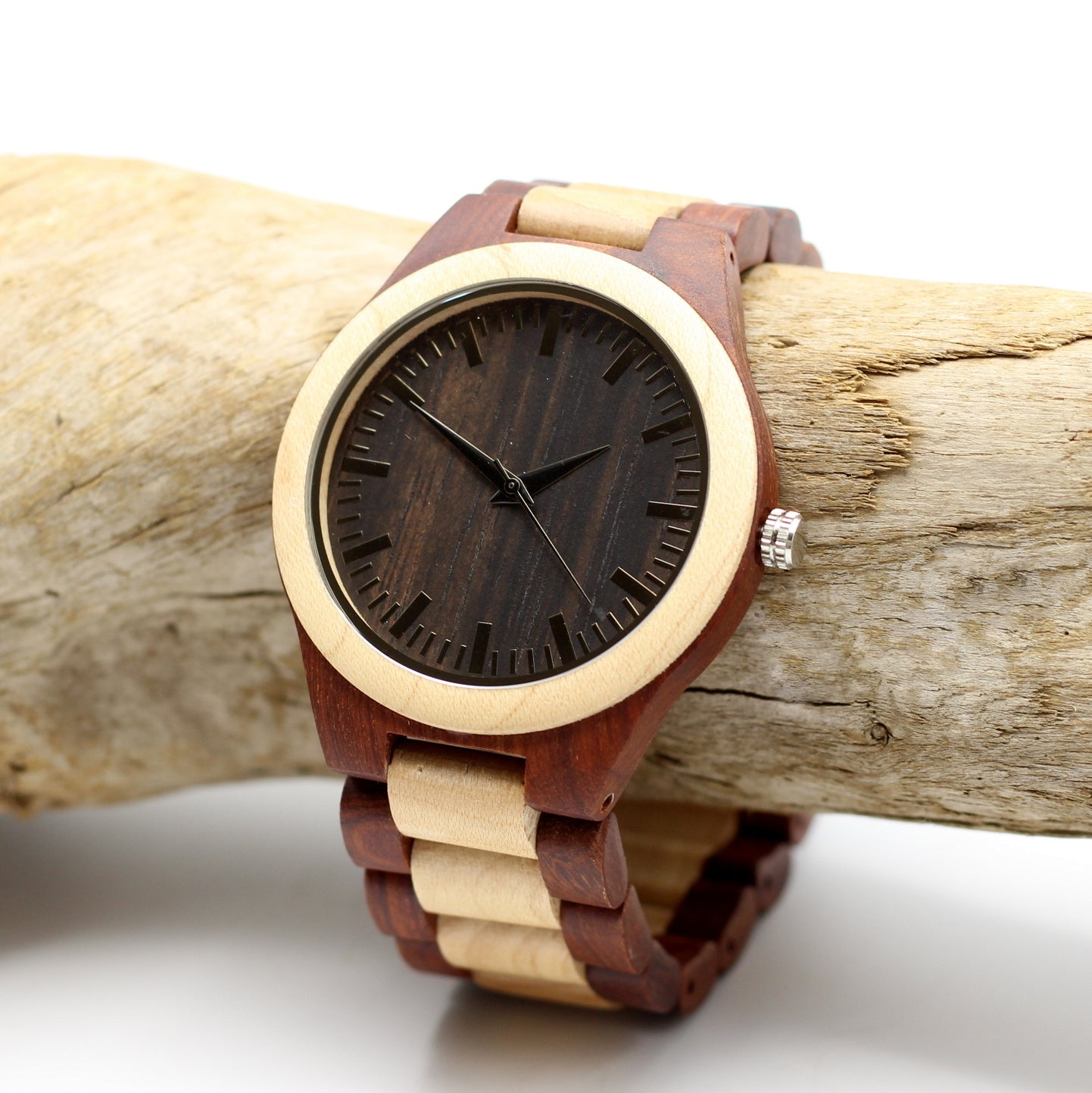 Men's wooden watch, sandalwood with maple wood, matching two tone solid wood strap. We'll engrave our personalised message on the back for only R100 extra.