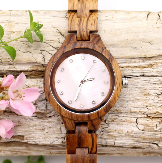 PEARL PINK Ladies Zebrawood Watch with Wooden Strap