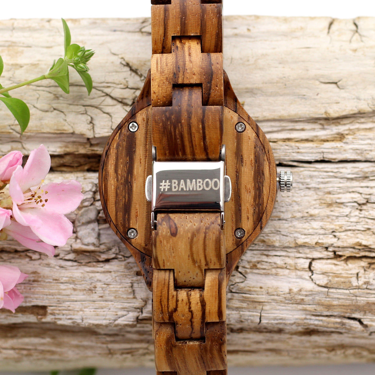 Zebrawood Ladies Watch with pink mother of pearl face, diamante dials by Hashtag Bamboo