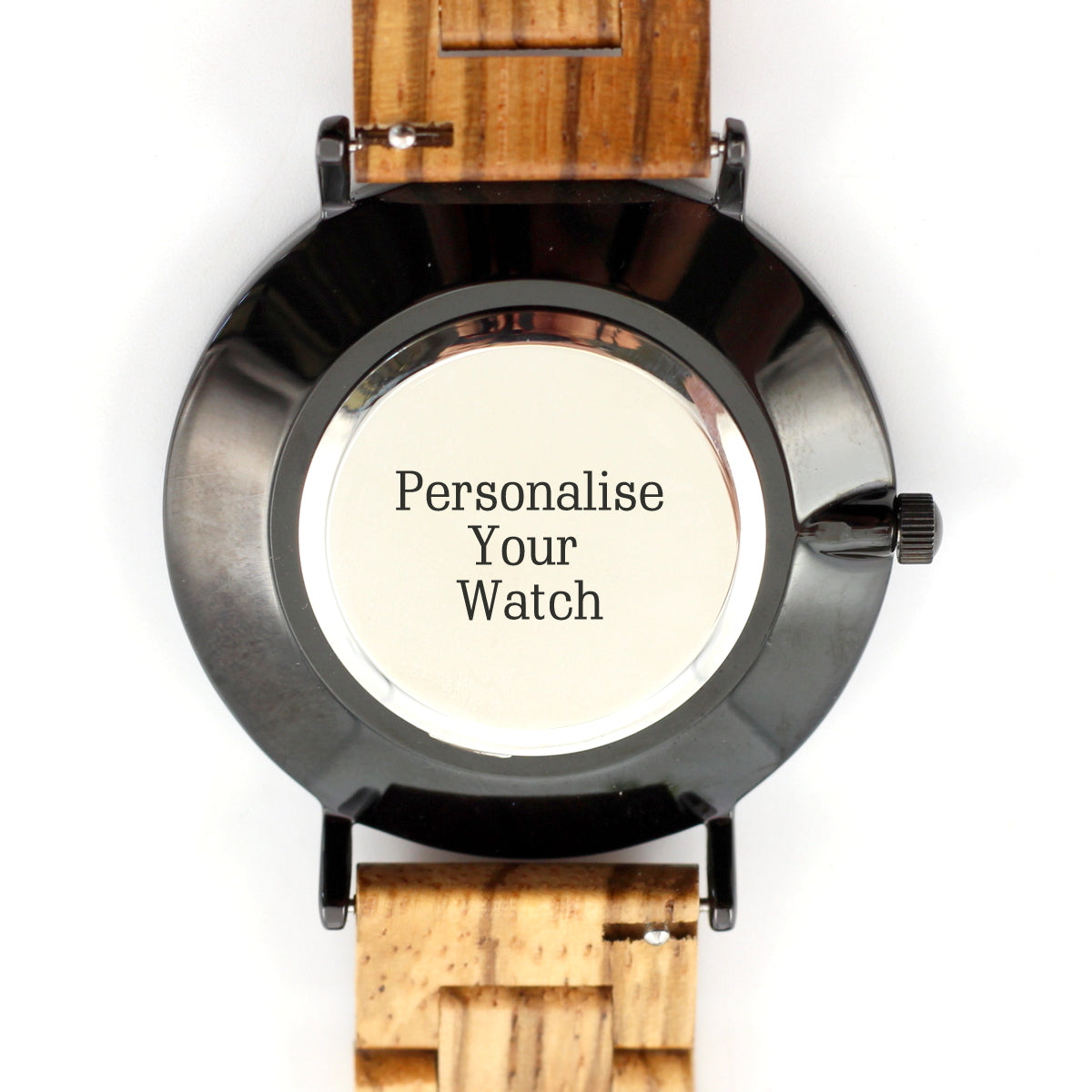 Men's stainless steel watch with walnut wood face and solid wood strap. The Emporio, a modern watch with an eco-friendly feel. Lightweight, ultraslim and uber-trendy. Personalise the back for only R80. Shipping anywhere in SA for R59.