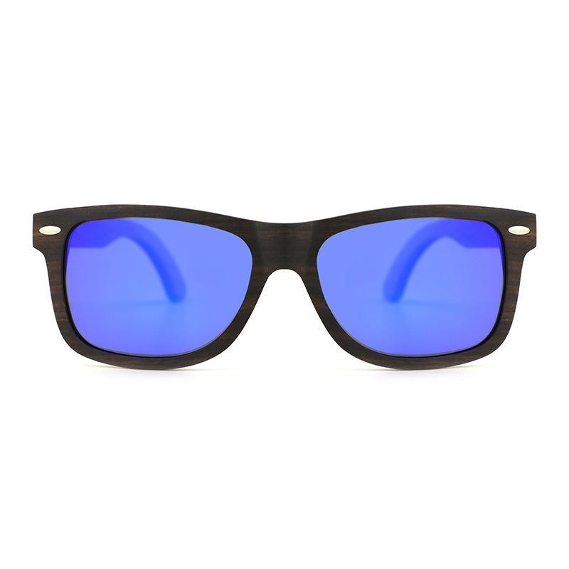 The Jackman Men's Ebony wooden sunglasses with blue mirror polarized lens, rosewood arms by Hashtag Bamboo.