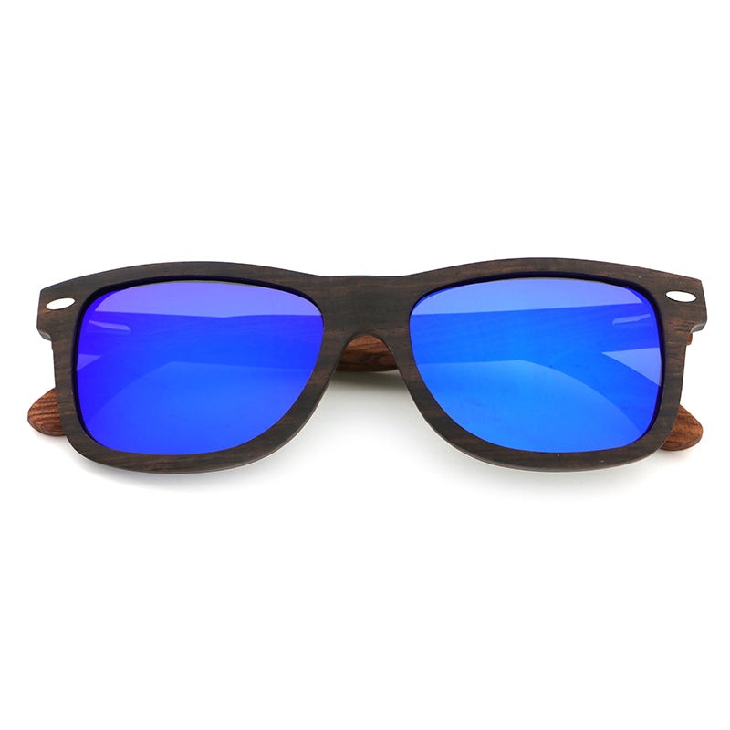 The Jackman Men's Ebony wooden sunglasses with blue mirror polarized lens, rosewood arms by Hashtag Bamboo.