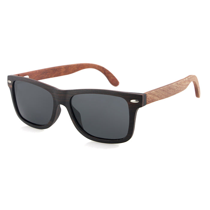 Mens solid wood ebony sunglasses with grey polarised lens, includes free case valued at R120. 