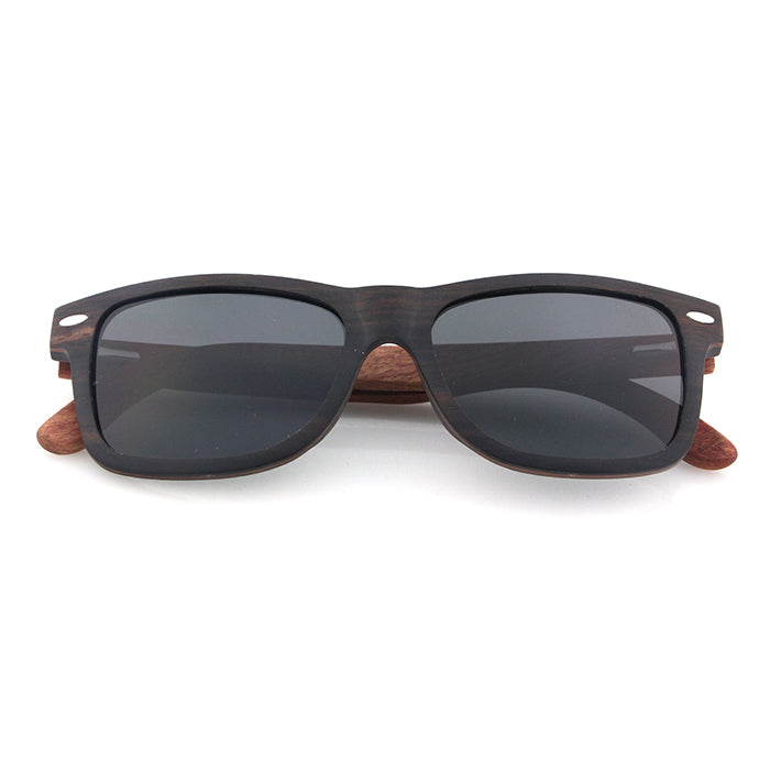 Mens solid wood ebony sunglasses with grey polarised lens, includes free case valued at R120. 