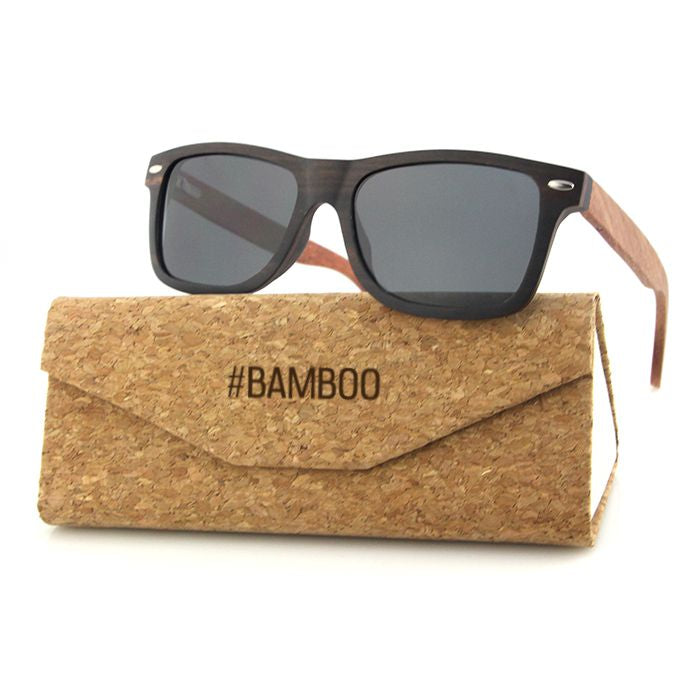 Mens solid wood ebony sunglasses with grey polarised lens, includes free case valued at R120. 