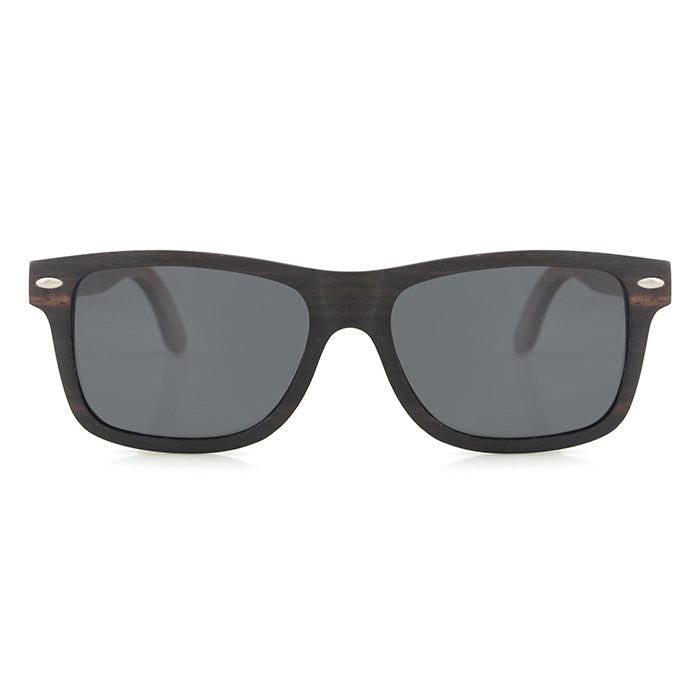 Mens solid wood ebony sunglasses with grey polarised lens, includes free case valued at R120. 