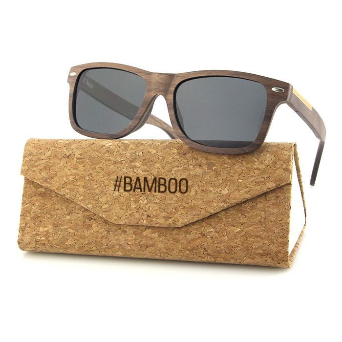 Men's walnut wooden sunglasses with grey polarised lens. The JACKMAN by Hashtag Bamboo. Includes free cork case valued at R120.
