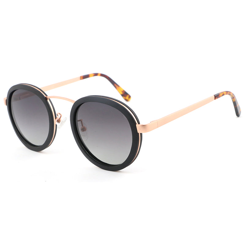 Solid ebony wood and rose gold round hipster sunglasses with acetate arms. The Kay Kays BLACK by Hashtag Bamboo.