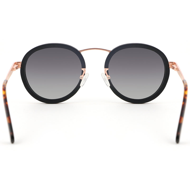 Solid ebony wood and rose gold round hipster sunglasses with acetate arms. The Kay Kays BLACK by Hashtag Bamboo.