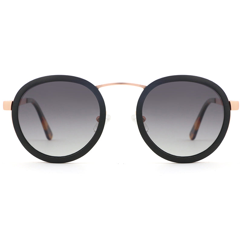 Solid ebony wood and rose gold round hipster sunglasses with acetate arms. The Kay Kays BLACK by Hashtag Bamboo.