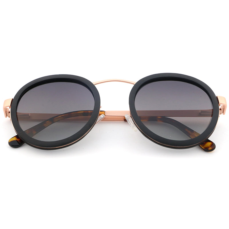 Solid ebony wood and rose gold round hipster sunglasses with acetate arms. The Kay Kays BLACK by Hashtag Bamboo.