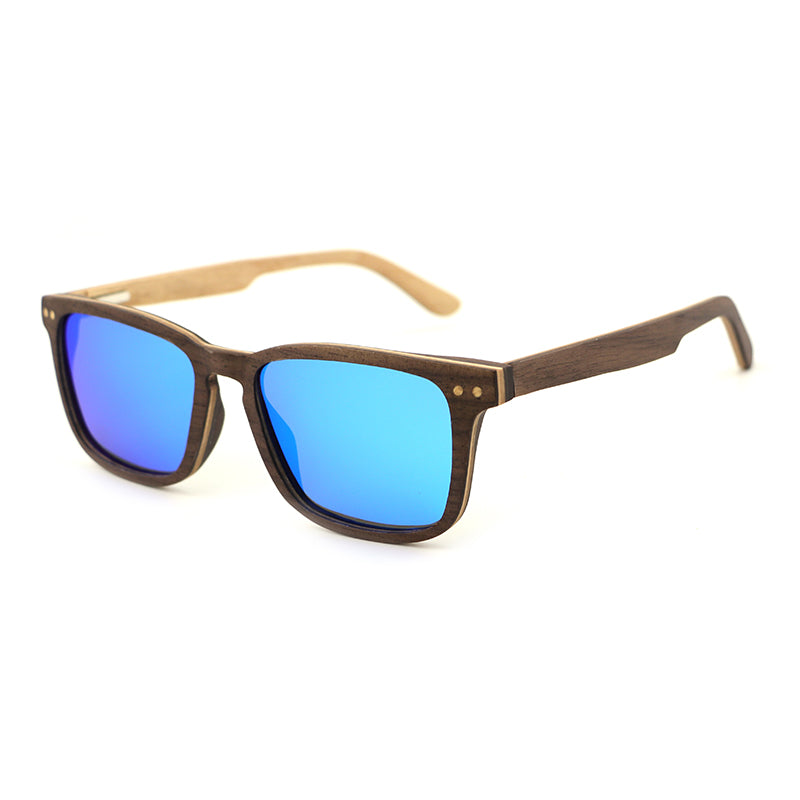 FOXIE BLUE Walnut Wood Sunglasses Polarised Mirror Lens