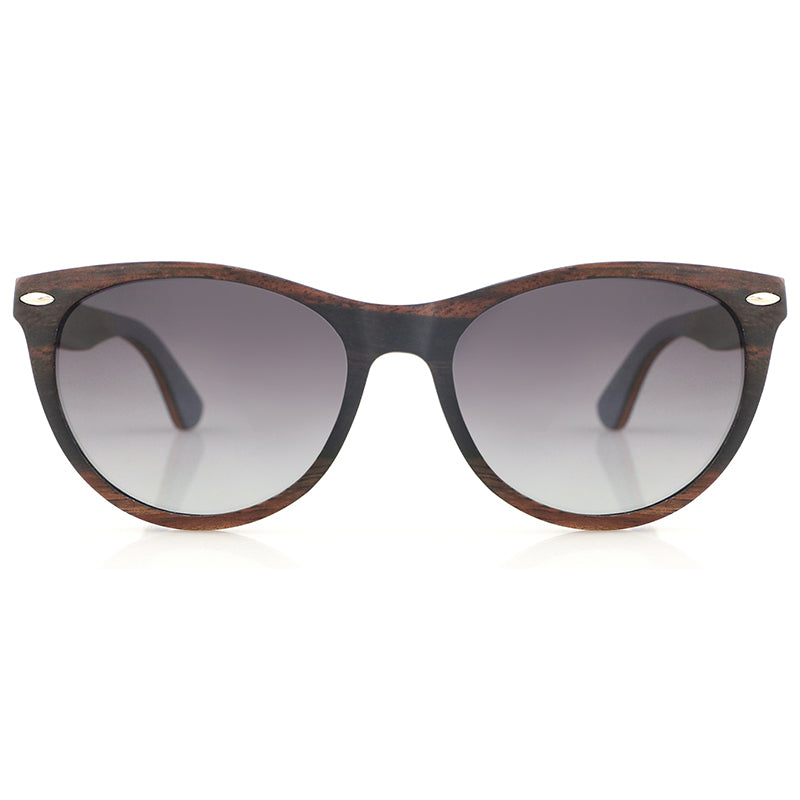 L'amore Ladies solid wood sunglasses, high fashion, high quality, ebony maple skateboard frame with gradient grey polarised lens. 