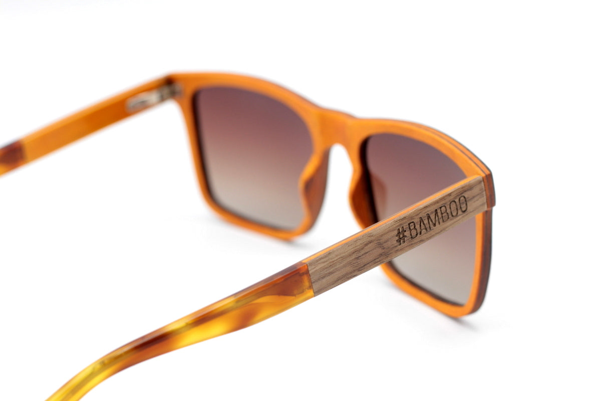 Men's funky wooden sunglasses in orange maple and walnut frame, gradient brown polarised lens with walnut and acetate arms. Engrave a name for a personalised gift.