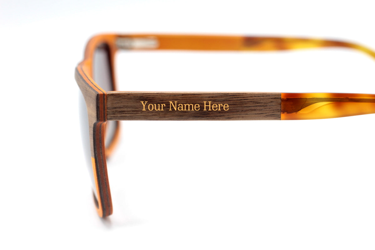 Men's funky wooden sunglasses in orange maple and walnut frame, gradient brown polarised lens with walnut and acetate arms. Engrave a name for a personalised gift.