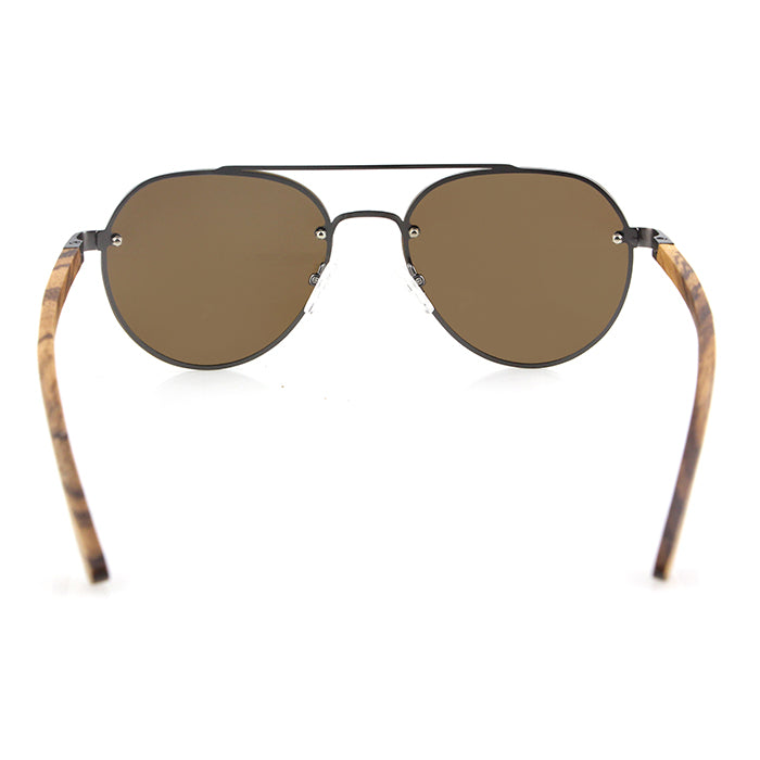 SOLO BROWN Aviator Sunglasses Stainless Steel Polarised Lens Wooden Arms