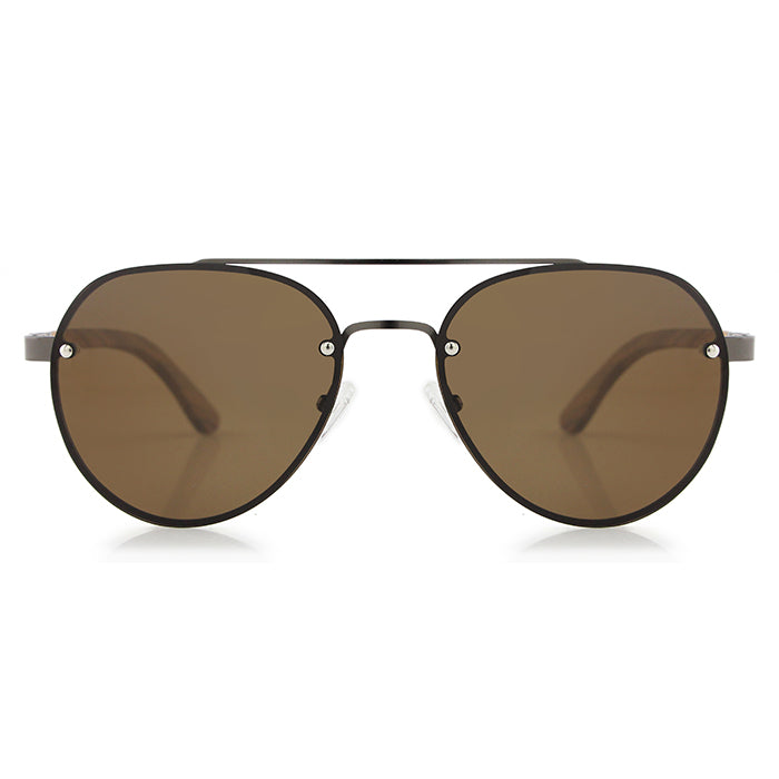 SOLO BROWN Aviator Sunglasses Stainless Steel Polarised Lens Wooden Arms