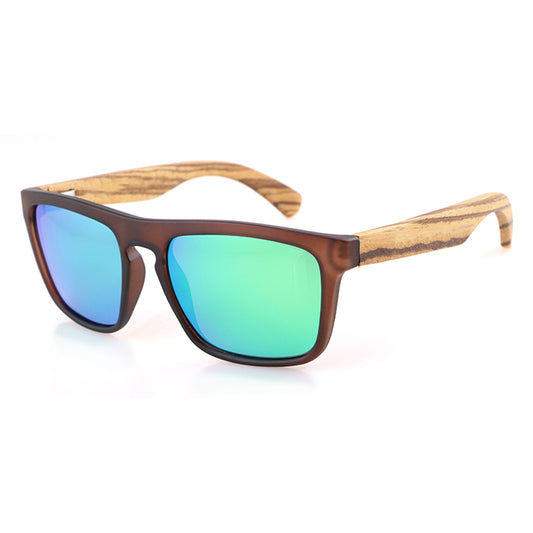 MANSHADY Opaque Brown Sunglasses Green Mirror Polarised Lens Wooden Arms - Hashtag Bamboo