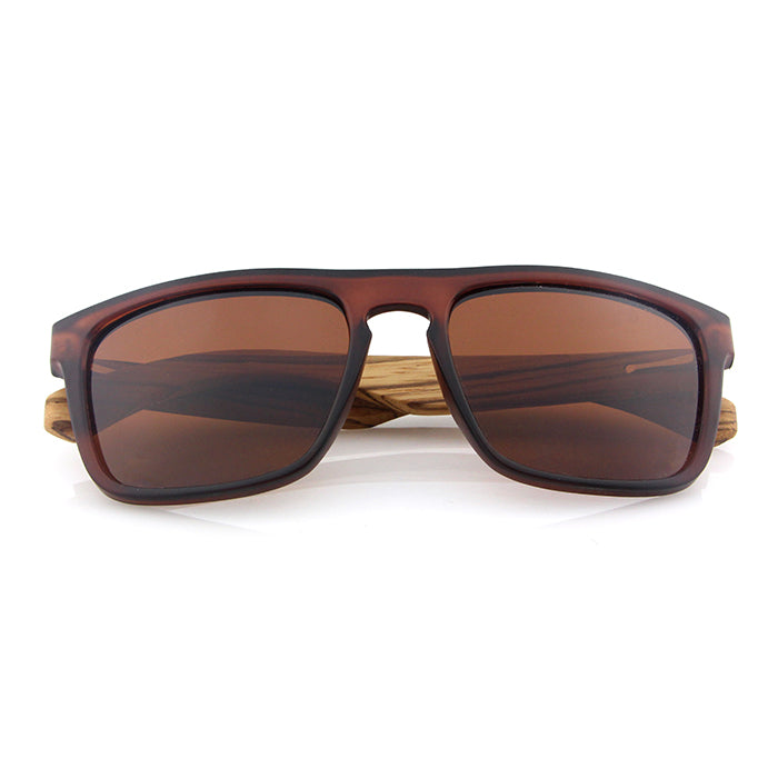 Best selling men's sunglasses with zebrawood arms and brown polarized lens. Personalise your pair for only R50.