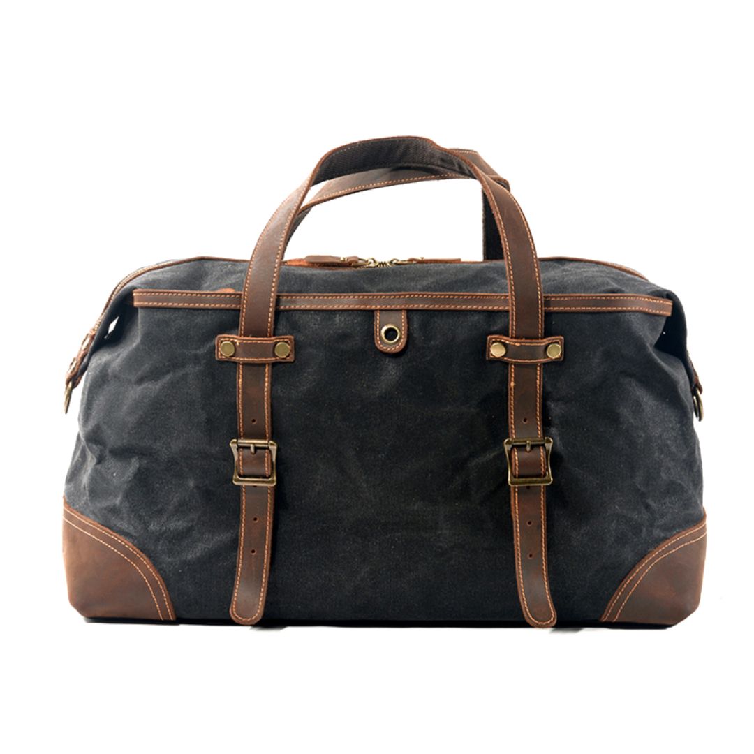 GAMBINO BLACK Waxed Canvas Genuine Leather Travel Duffel Bag