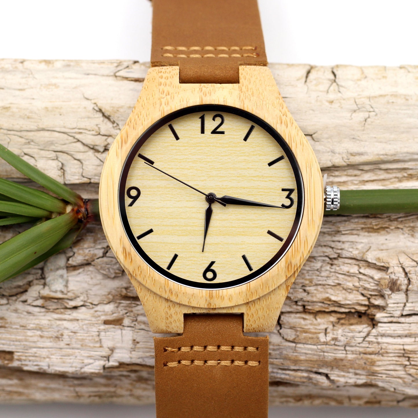 MANLY GOBI Wooden Watch Bamboo with Dark Tan Leather Strap